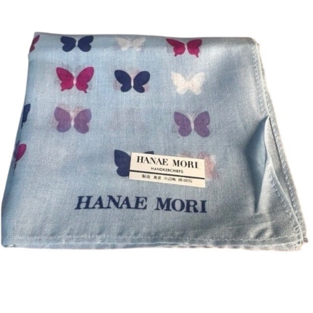 Hanae Mori Blue Butterfly Print Cotton Handkerchief Made in Japan NWT m